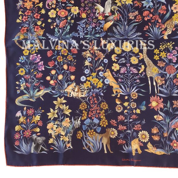 SALVATORE FERRAGAMO SCARF SIGNATURE FLOWER JUNGLE ANIMALS PRINT SILK 35" - Picture 10 of 13